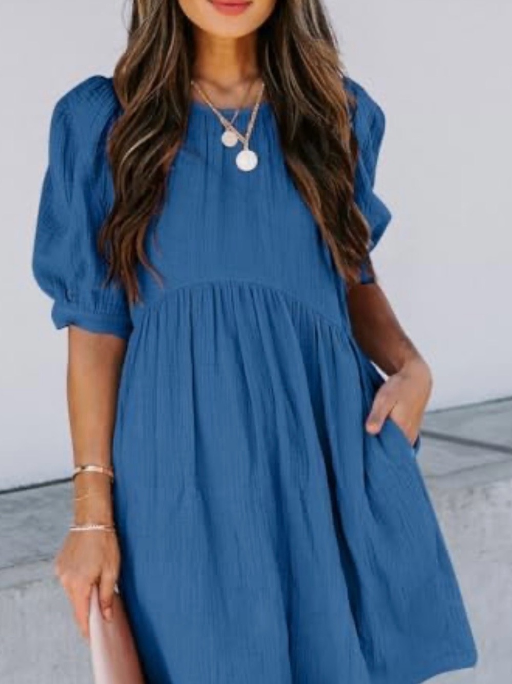Dokotoo Textured Blue Puff-Sleeve Mini Dress with Pockets